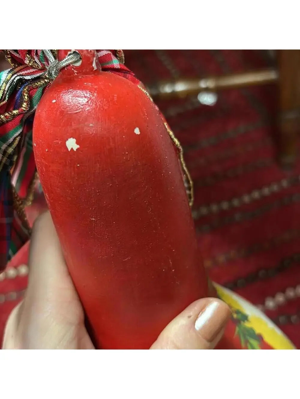 Red Santa Gourd With Plaid Ribbon on top